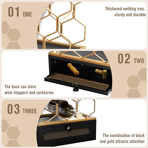 HOLTICO Countertop Wine Rack with Drawer, 8-Bottle Black & Gold Wine Holder | Black Gold Vintage Hexagon Metal Wine Holder and Bottle Rack, Vintage Small Wine Storage Racks for Tabletop, Kitchen, Bar