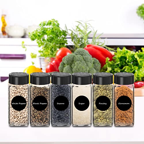 Saiveina 12 Pack Glass Spice Jars with Labels, 4oz Spices Containers Spice Jars with Black Shaker Lids, Empty Containers for Spice, Silicone Funnel and Pen Included