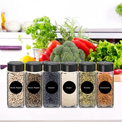 Saiveina 12 Pack Glass Spice Jars with Labels, 4oz Spices Containers Spice Jars with Black Shaker Lids, Empty Containers for Spice, Silicone Funnel and Pen Included