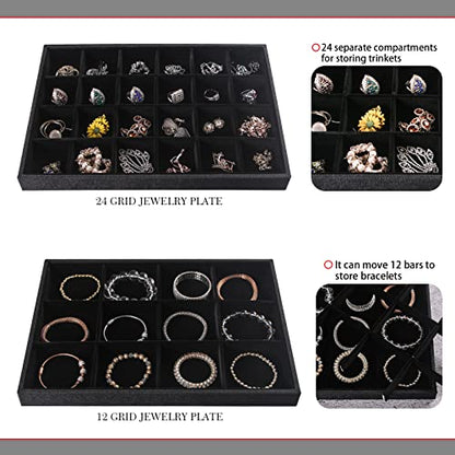 Julysky 4 Pcs/set Stackable Jewelry Organizer Trays for Drawer,100 Slots Ring Tray，Necklace Tray,12 Grid,24 Grid Jewelry Displays for Selling,Black - size: 100slot+Necklice+12grid+24grid