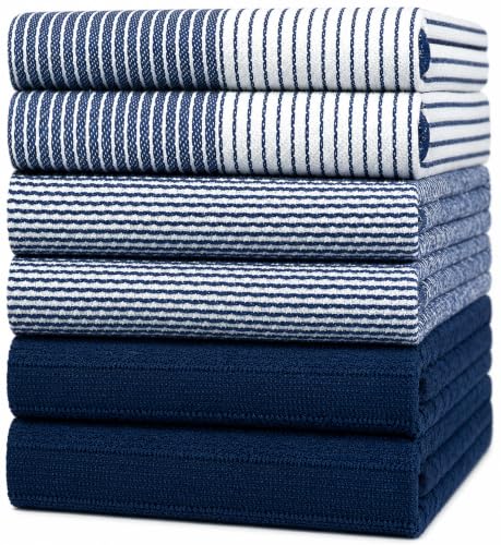 Premium Kitchen Towels 6 Pack 100% Cotton, 20"x28" Dish Towels - Navy Blue | Large Flat & Terry Kitchen Linen Set with Hanging Loops, Highly Absorbent for Washing and Drying Dishes - color: Navy Blue, size: Kitchen Towels - Mixed Styles