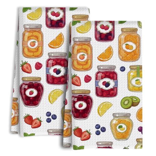 Watercolor Jam Jar Kitchen Towels Set of 2, Dish Towels for Kitchen Soft Absorbent Tea Hand Towel for Home Dining Room Apartment Cooking, Baking, Decorative Colorful Fruit Print, 13.8 x 23.6 Inch - color: Fruits 1448