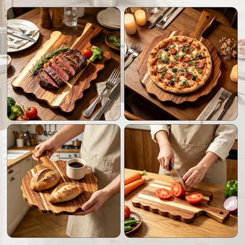 2Pcs Acacia Wood Scalloped Cutting Board with Handle Wooden Chopping Board Decorative Cutting Boards for Kitchen Decor Charcuterie Boards Serving Tray for Cheese Bread Pizza Fruit Meat