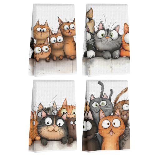 Jztco 4 Pcs Cute Cat Kitchen Towels, Cats Absorbent Hand Tea Towel | Cats Dish Cloths for Drying Dishes, Waffle Dish Towels for Kitchen Home Bathroom Decor, Cat Lover Gifts for Women Mom - color: Multi 1556