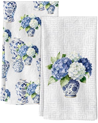 Flour Sack Kitchen Towels Set of 2, 18x26 Inch, Hydrangea | 150GSM Cotton, Lint-Free, Quick Dry, Hanging Loop, Lightweight Tea Towels, French Home Decor, Chinoiserie, Housewarming Gift - color: Hydrangea