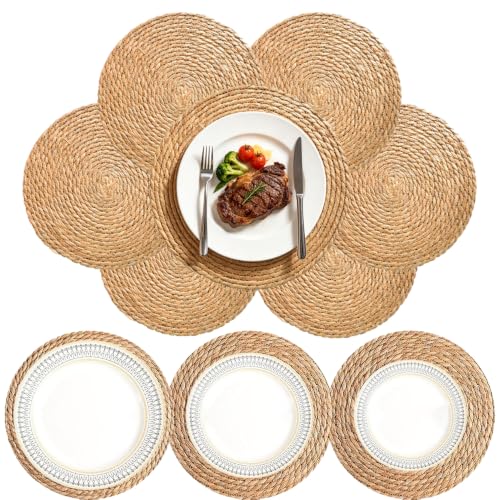 10 Pack 12 Inch Round Wicker Woven Placemats | Natural water hyacinth braided rattan mats, boho farmhouse style for indoor & outdoor table decor - size: 12 Inch Set of 10