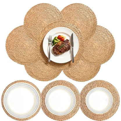 10 Pack 12 Inch Round Wicker Woven Placemats | Natural water hyacinth braided rattan mats, boho farmhouse style for indoor & outdoor table decor - size: 12 Inch Set of 10