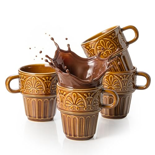 Ceramic Coffee Cups, Coffee Mugs Set of 4, 12 OZ Ceramic Mugs, Stackable Mug, Brown, Microwave & Dishwasher Safe for Hot Drinks Cocoa Latte, Perfect for Daily Use Gathering & All Holiday Gifts - color: Brown, size: 12 OZ-set of 4