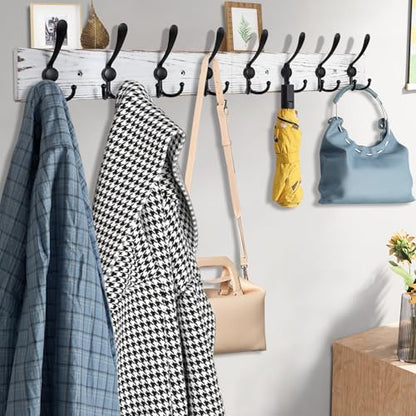 Kuhome 32.2'' Large Coat Rack Wall Mount Coat Hooks with 8 Metal Black Triple-Hooks Old White Pine Real Wood Plank Hat Rack for Wall Hooks - color: Old White Plate & Black Hook, size: 1 Item-8 Hooks