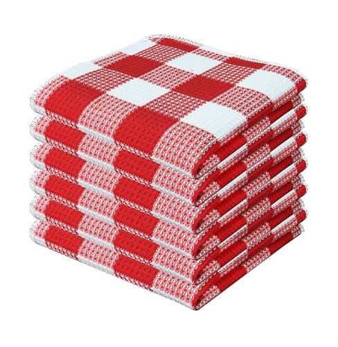 Waffle Weave Plaid Dish Cloths, 100% Cotton, 12x12 Inch, Soft Absorbent Quick Drying Buffalo Check Dish Rags for Kitchen, 6 Pack, Spring Easter Summer - Red and White - color: Red White, size: 12 x 12 - 6 Pack