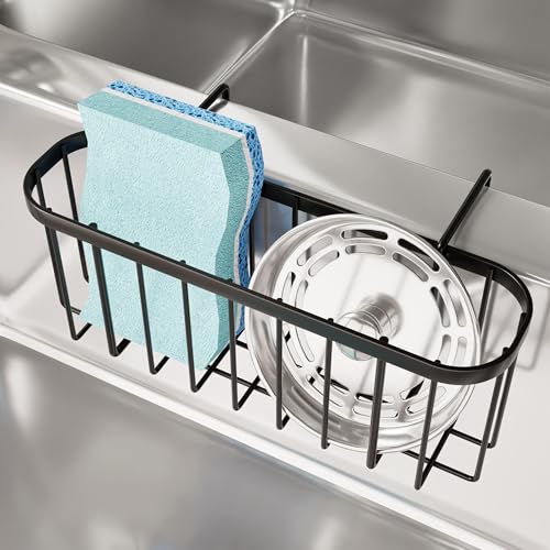 SWTYMIKI Sponge Holder for Kitchen Sink with Partition, Movable Kitchen Sink Caddy with Compact Size Stainless Steel Hanging Sink Sponge Caddy for Double Bowl Sinks, Black - color: Black
