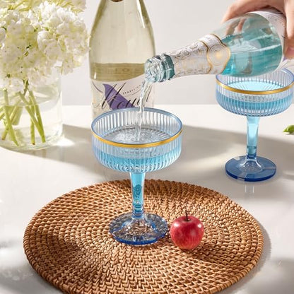 Goodluck 4-Tier Blue Champagne Tower - 20PCS 7oz Champagne Flutes Gold Rim | Plastic Coupe Glasses with Vertical Stripes for Weddings, Celebrations, Parties & Birthdays - color: Blue Gold Rim