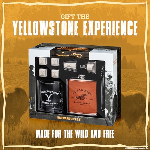 Dragon Glassware x Yellowstone Barware Gift Set of 4 - Official Merchandise | Includes Yellowstone Drinking Glass, Shot Glass, Leather Flask & Chilling Stones
