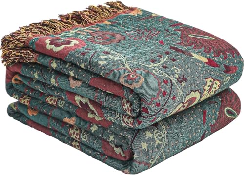 Deep Green Floral Boho Throw Blanket for Bed Sofa Decor 50"x60" | 4-Layer Gauze Breathable Muslin Blanket,Soft Lightweight All Season Quilt with Fringe,Multi-purpose Blanket,Ideal Gift - color: Green Peacock Tail, size: 50"x60"