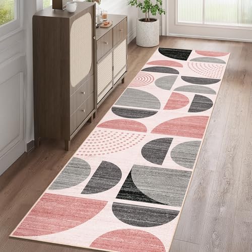 Pink Runner Rug Washable,Boho 2x8 Area Rugs Non Slip Modern Abstract | Long Throw Carpet for Hallways Kitchen Bedroom Entryway Bathroom Laundry Soft Low Pile Floor Indoor Bohemian Pink and Grey - color: Pink and Grey, size: 2' x 8' (Rectangular)