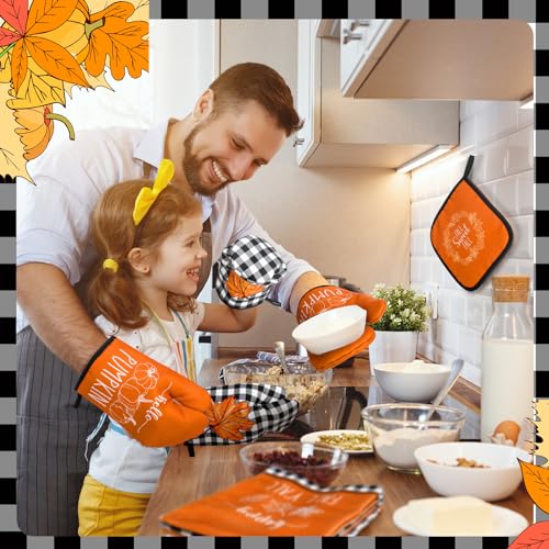 12 Pcs Fall Kitchen Towels and Oven Mitt Sets 4 Maple Leaf Oven Mitts 4 Harvest Dish Towels and 4 Plaid Pot Holders Pumpkin Cooking Accessories for Thanksgiving Autumn Kitchen Decoration - style: Maple Leaf