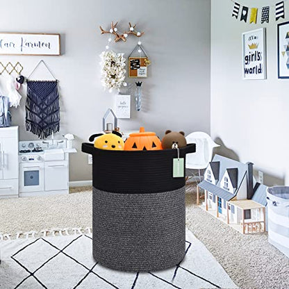 Cotton Rope Blanket Basket, 72L Tall Laundry Hamper, Black & Gray | 16"x 22", Large Collapsible Woven Nursery Hamper with Sturdy Handles for Clothes Toys Towels, Bedroom Living Room Bathroom - color: Black & Gray, size: 72L (16"x22")