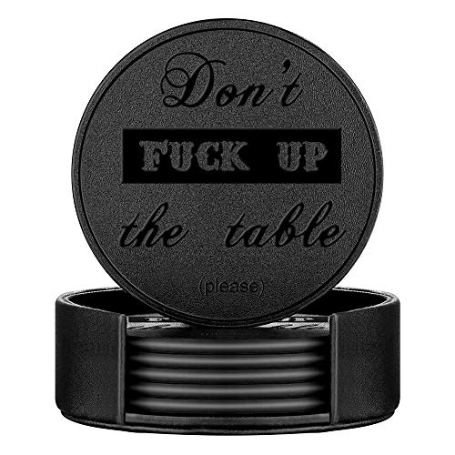 Funny Coasters, Thipoten 6 Pcs Leather Coasters with Holder, Perfect Housewarming Hostess Gifts, Protect Furniture from Water Marks Scratch and Damage(6Pcs, Black) - color: Black