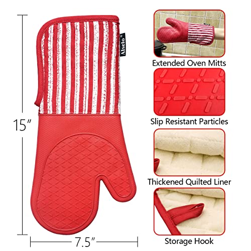 Alselo Silicone Oven Mitts Heat Resistant 932℉ with Waterproof & Non-Slip | Kitchen Mittens Set of 2,Extra Long 7.5"x15" Oven Gloves with Soft Cotton Terry Lining for Baking Cooking BBQ(Red,2) - color: Red
