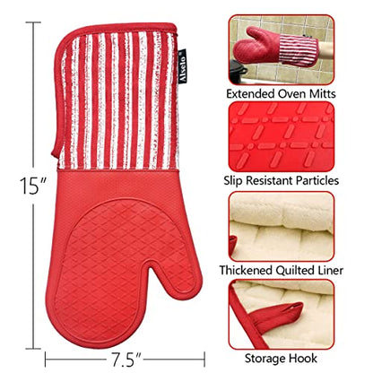 Alselo Silicone Oven Mitts Heat Resistant 932℉ with Waterproof & Non-Slip | Kitchen Mittens Set of 2,Extra Long 7.5"x15" Oven Gloves with Soft Cotton Terry Lining for Baking Cooking BBQ(Red,2) - color: Red