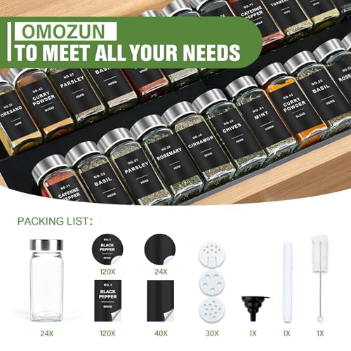 OMOZUNSpice Jars with Label, 24pcs 4oz Glass Jars with Stainless Steel Lids | Square Spice Containers with 304 Labels and Shaker Inserts, Empty Seasoning Bottles for Drawer, Cabinet, Seasoning Organizer - color: Stainless Steel Lid*24 Jars