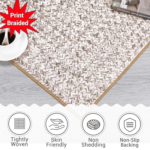 ROYHOME Runner Rug Print Braided Hallway Runner Washable Entryway Rug | Stain Resistant Non-Slip Area Rug Farmhouse Solid Printed Textured Carpet for Bedroom Laundry Kitchen, Beige/Grey, 2' x 6' - color: Beige/Grey, size: 2' x 6' (Rectangular)