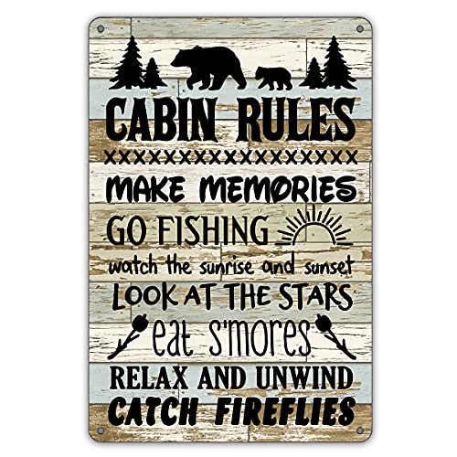 QIONGQI Funny Cabin Rules Metal Tin Sign Wall Art Decor, Farmhouse Wooden Style Cabin Sign for Home Decor Gifts - color: GO