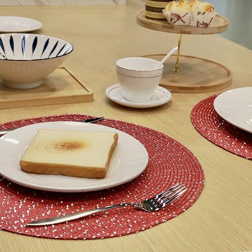 Youyi Round Placemats Set of 6, 15 inch Woven Braided Place Mats Washable Non-Slip Kitchen Table Mats for Dining, Burgundy (with Silver Accents) - size: set of 6