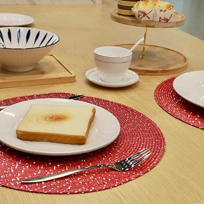 Youyi Round Placemats Set of 6, 15 inch Woven Braided Place Mats Washable Non-Slip Kitchen Table Mats for Dining, Burgundy (with Silver Accents) - size: set of 6