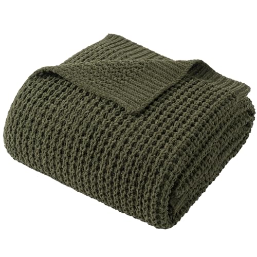 Olive Green Throw Blanket for Couch, Waffle Knit Blanket Throw 50"x60" | Chunky Chenille Throw Blanket, Soft Dark Green Throw Blanket for Home Decor, Sofa, Men, Modern Farmhouse Knitted Style - color: Olive Green, size: 50"x60"