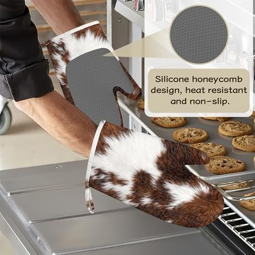 Cowhide Cow Print Oven Mitts and Pot Holders Sets of 4 PCS, Oven Gloves Potholder for Kitchen Cooking Baking BBQ Heat Resistant - color: Cowhide Cow Print