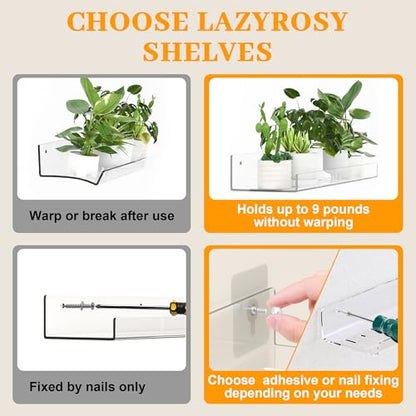 LAZYROSY 4 Pack Floating Shelves – Clear Acrylic/PET Wall-Mounted No Drill Storage with Adhesive, Invisible Bathroom & Bedroom Shelving for Kitchen, Living Room, Transparent Decor - size: 4-Piece Set