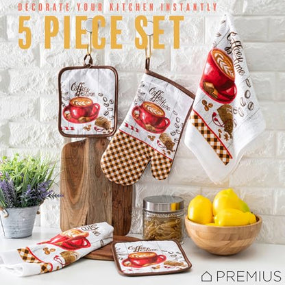 5 Piece Coffee Time Printed Kitchen Linen Set, 2 Cotton Towels, 2 Potholders, 1 Oven Mitt with Hanging Loop, 100% Cotton Material on Front & Polyester Backing, Perfect Kitchen Accessory - color: Coffee Time