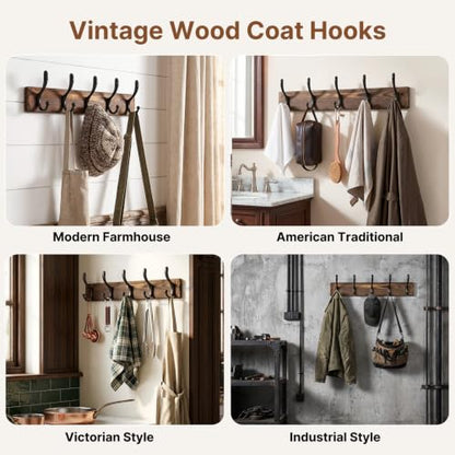 POZEAN Wooden Coat Rack Wall Mount, 2 Pack Wall Mounted Coat Hangers with 5 Double Hooks, Space Saving Organizer for Entryway,Bathroom, Clothes, Jackets, Hats, Keys(‎Brown Plate & Black Hooks)