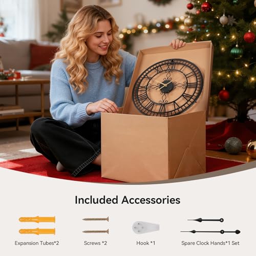 20" Large Wall Clock, Big Clock for Living Room Decorative, Black Large Wall Clocks Battery Operated with Metal Roman Numeral, Completely Silent, Non-Ticking for Bedroom, Kitchen,Fireplace - size: 20 inch