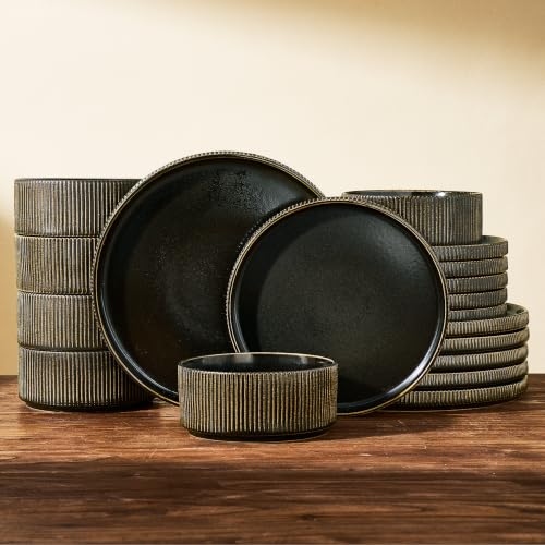Ceramic Plates & Bowls Sets for 6, Handmade Reactive Glaze | Black Gold, 18-Piece Stoneware Dinnerware, Everyday Use, Microwave & Dishwasher Safe, Chip & Scratch Resistant Ribbed Dishes - color: Black/Gold, size: Service for 6 (18pc)