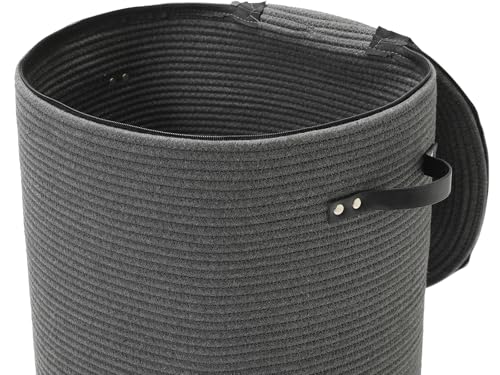 16"x20" Extra Large Cotton Rope Basket with Zipper Lid, Woven Laundry Hamper and Blanket Storage Basket, Round Clothes Bin for Living Room Bedroom, Dark Grey - color: All Dark Grey