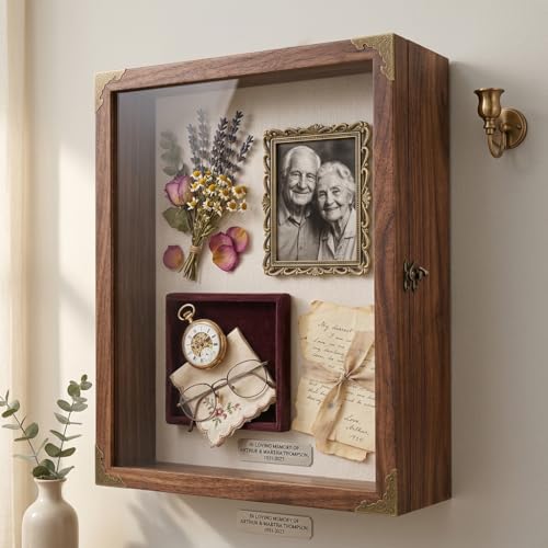 Shadow Box Frame 13x16, Large Memory Display Case with Retro Metal Corner Accents, Carbonized Wood Frame, Linen Back, and 10 Wooden Push Pins for Photos, Medals, Wedding Memory, and Keepsakes
