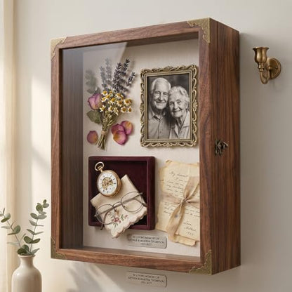 Shadow Box Frame 13x16, Large Memory Display Case with Retro Metal Corner Accents, Carbonized Wood Frame, Linen Back, and 10 Wooden Push Pins for Photos, Medals, Wedding Memory, and Keepsakes