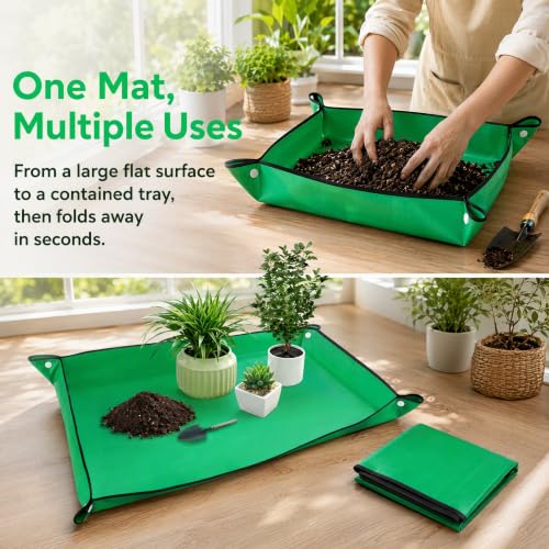 Extra Large Repotting Mat for Indoor Plant Transplanting and Mess Control Thickened Waterproof Potting Tray Foldable Potting Mat Portable Gardening Mat Garden Gifts(39.5"x 31.5") Green - size: 39.5 x 31.5 Inch, Green