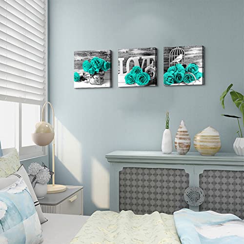 Teal Bathroom Wall Decor Turquoise Teal and Grey Rose Wall Art for Bedroom Living Room Accessories Love Sign Aqua Green Flower Pictures Floral Poster Canvas Artwork Kitchen Home Decoration 12x12" 3 | Love Sign Aqua Green Flower Pictures Canvas Prints Vint