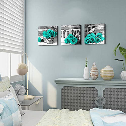 Teal Bathroom Wall Decor Turquoise Teal and Grey Rose Wall Art for Bedroom Living Room Accessories Love Sign Aqua Green Flower Pictures Floral Poster Canvas Artwork Kitchen Home Decoration 12x12" 3 | Love Sign Aqua Green Flower Pictures Canvas Prints Vint