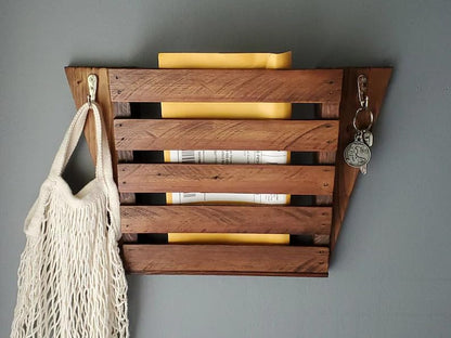 Rustic Wood Wall Mount Mail Organizer with Hooks, Farmhouse Wooden Wall Letter Holder, Key Holder Mail Sorter for Entryway, Kitchen, Office, Home Decor