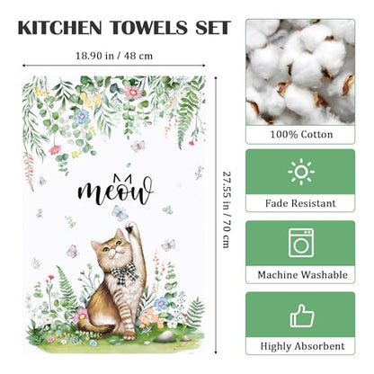 Cute Cat Tea Towels, 100% Cotton Kitchen Towels, Set of 2 | 18.9 x 27.5 in / 48 x 70 cm, Lightweight Woven Dish Cloth, Cat Lover Gifts, Kitchen Decor, Housewarming Gift - color: Cat