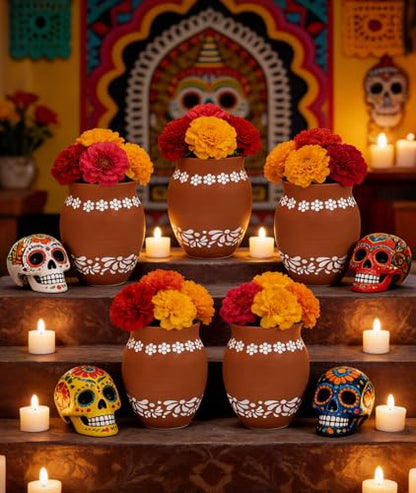 Brown Mexican Style Ceramic Small Vases, 6-Pack Hand-Painted Daisy Decor Pots, 16oz - color: Brown