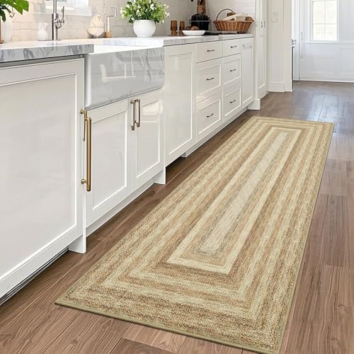 Garvee 2x6 Runner Rug Kitchen Rugs Washable Braided Print Rug, Jute | Hallway Runner Rug Stain Resistant Easy Cleaning Non Shedding Floor Cover for Laundry Entryway, Not Braid - color: Jute, size: 2' x 6' (Runner)