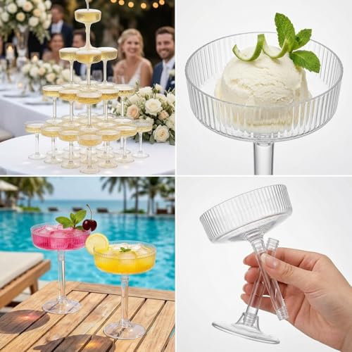 24 Pack 6oz Plastic Martini Glasses, Ribbed Coupe Glasses Set, Disposable Vintage Cocktail Cups for Champagne Tower, Wedding, Birthday, Party & Event Glassware
