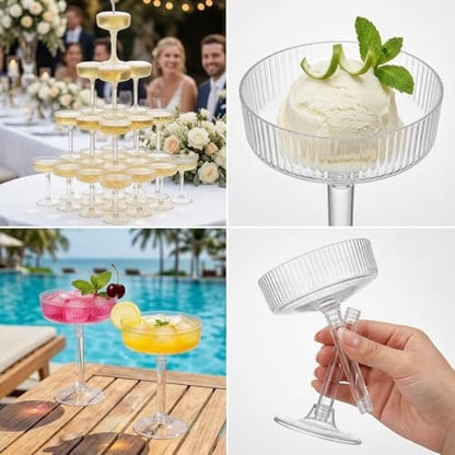 24 Pack 6oz Plastic Martini Glasses, Ribbed Coupe Glasses Set, Disposable Vintage Cocktail Cups for Champagne Tower, Wedding, Birthday, Party & Event Glassware