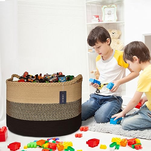 COMSE XXXLarge Woven Blanket & Laundry Basket, 87L, Brown & Black | 21.7" x 13.8", Cotton Rope, Nursery Hamper for Storage of Toys Clothes Towels, Ideal for Living Room Bedroom Bathroom - color: Brown & Black