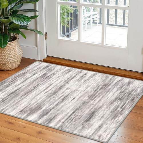 KOZYFLY Modern Abstract Small Area Rugs 2x3, Washable Kitchen Rug Non-Slip Soft Small Bathroom Rug, Grey/Light Beige/Brown Striped Entryway Rugs Abstract Print Faux Wool Doormat - color: Grey/Light Beige/Brown, size: 2' x 3' (Rectangular)